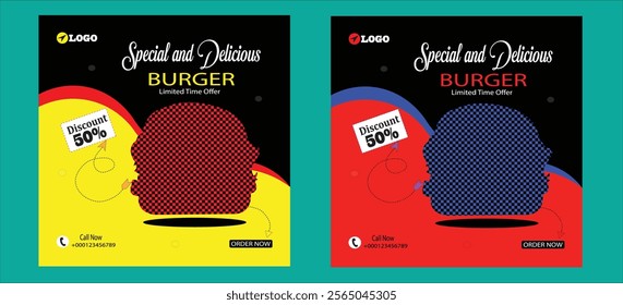 Special and Delicious Burger Design with vector.Social media post Design.