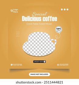 Special delicious coffee sales template social media post. Discount offers Cafe and restaurant business promotional web banner and Instagram post design. Coffee sale advertisement design template.