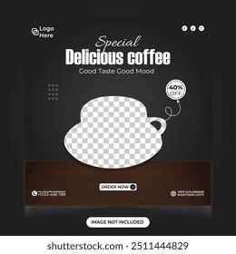 Special delicious coffee sales template social media post. Discount offers Cafe and restaurant business promotional web banner and Instagram post design. Coffee sale advertisement design template.