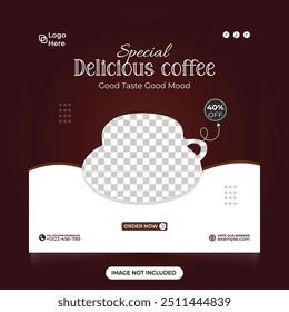 Special delicious coffee sales template social media post. Discount offers Cafe and restaurant business promotional web banner and Instagram post design. Coffee sale advertisement design template.