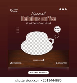 Special delicious coffee sales template social media post. Discount offers Cafe and restaurant business promotional web banner and Instagram post design. Coffee sale advertisement design template.