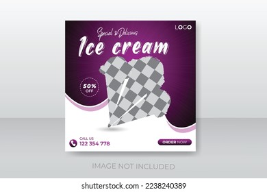 Special delicious ice cream social media post or promotional banner with discount offer abstract shape