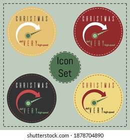 Special delivery icon set for e-commerce. Four emblems with Christmas tree speed arrow for online stores. Creative vintage vector illustration for advertising during holidays
