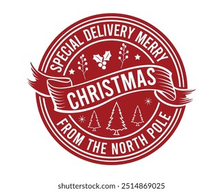 Entrega especial Feliz Navidades de las Navidades del Polo Norte Camiseta, 
 Vector, emblema, gráfico, correo, correo, impresión, copo de nieve, pegatina, etiquetas, dañado