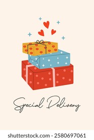 Special Delivery Valentine's Day greeting card. Gifts in colorful packaging on a light background. Valentine's day, February 14, love concept. Vector drawings for postcard, card.