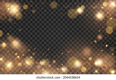 Special design of glitter for Christmas. Dusty gold. Glittering particles of fairy dust, light. Magic concept. Glowing Christmas dust. Abstract background with bokeh effect. Vector illustration. PNG.