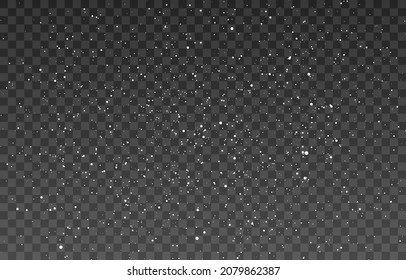 Special design of the snowfall or snow effect. Realistic falling snowflakes. Dusty white, snowfall, winter, snowflakes, snow fluff. Christmas image, cold winter. Vector illustration on PNG background.