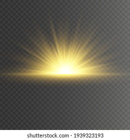 Special design of sunlight or light effect. Sunset or sunrise. Sun beams. Bright flash. Light PNG. Decor element. Vector illustration for decorating. Isolated transparent background.