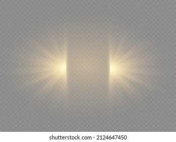 Special design of sunlight or light effect. Dawn, glare from the sun. Vector blur in the light of radiance. Yellow glowing explode effect and sun rays shine. Gold sparkle flash star, golden spotlight.