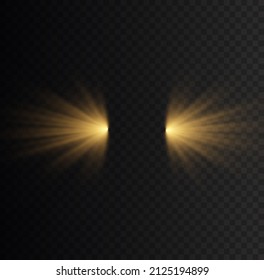 Special design of sunlight or light effect. Dawn, glare from the sun. Vector blur in the light of radiance. Yellow glowing explode effect and sun rays shine. Gold sparkle flash star, golden spotlight.