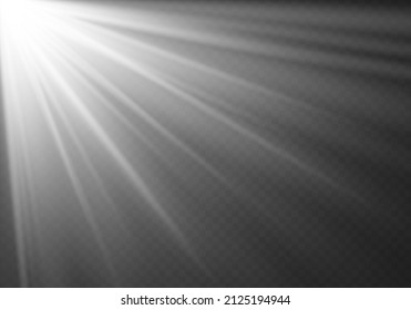 Special design of sunlight or light effect. Dawn, glare from the sun. Vector blur in the light of radiance. White glowing explode effect and sun rays shine. Silver sparkle flash star, golden spotlight