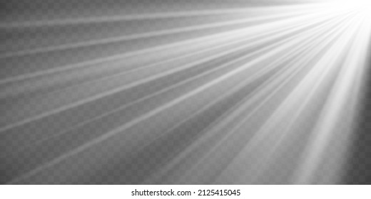 Special design of sunlight or light effect. Dawn, glare from the sun. Vector blur in the light of radiance. White glowing explode effect and sun rays shine. Silver sparkle flash star, golden spotlight