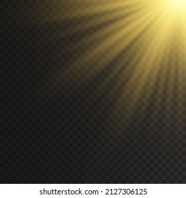 Special design of sunlight or light effect. Dawn, glare from the sun. Vector blur in the light of radiance. Yellow glowing explode effect and sun rays shine. Gold sparkle flash star, golden spotlight.