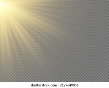 Special design of sunlight or light effect. Dawn, glare from the sun. Vector blur in the light of radiance. Yellow glowing explode effect and sun rays shine. Gold sparkle flash star, golden spotlight.