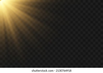 Diseño especial de luz solar o efecto luminoso. Amanecer, resplandor del sol. El vector se desdibuja a la luz de la radiación. El efecto explosivo del brillo amarillo y los rayos del sol brillan. Estrella brillante con brillo dorado, foco dorado.