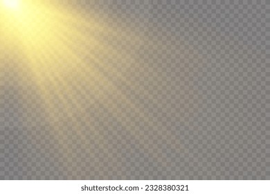Special design of sunlight or light effect. Dawn, glare from the sun. Vector blur in the light of radiance. Yellow glowing explode effect and sun rays shine. Gold sparkle flash star, golden spotlight.