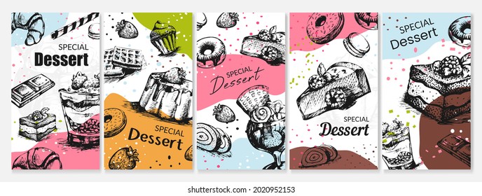 Special dessert food at flyer concept, vector illustration. Sweet pastry at graphic design set, bakery cafe advertising card. Delicious cake, donut and cupcake element at advertise poster.