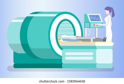 Special device for mri vector, isolated assistant doctor with patient. Magnetic resonance scanning, nurse with male on table, radiology in hospital