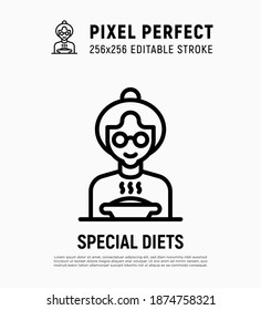 Special Diet For Elderly Person In Nursery Home. Thin Line Icon. Grandmother In Eyeglasses With Bowl Of Hot Food. Pixel Perfect, Editable Stroke. Vector Illustration.