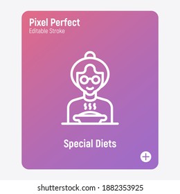 Special Diet For Elderly Person In Nursery Home. Thin Line Icon. Grandmother In Eyeglasses With Bowl Of Hot Food. Pixel Perfect, Editable Stroke. Vector Illustration.