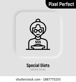 Special Diet For Elderly Person In Nursery Home. Thin Line Icon. Grandmother In Eyeglasses With Bowl Of Hot Food. Pixel Perfect, Editable Stroke. Vector Illustration.