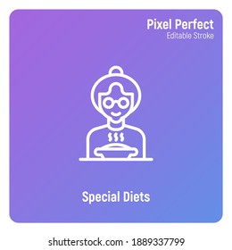 Special Diet For Elderly Person In Nursery Home. Thin Line Icon. Grandmother In Eyeglasses With Bowl Of Hot Food. Pixel Perfect, Editable Stroke. Vector Illustration.