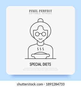 Special Diet For Elderly Person In Nursery Home. Super Thin Line Icon. Grandmother In Eyeglasses With Bowl Of Hot Food. Pixel Perfect, Editable Stroke. Vector Illustration.