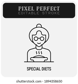 Special Diet For Elderly Person In Nursery Home. Thin Line Icon. Grandmother In Eyeglasses With Bowl Of Hot Food. Pixel Perfect, Editable Stroke. Vector Illustration.