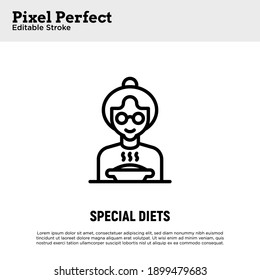 Special Diet For Elderly Person In Nursery Home. Thin Line Icon. Grandmother In Eyeglasses With Bowl Of Hot Food. Pixel Perfect, Editable Stroke. Vector Illustration.