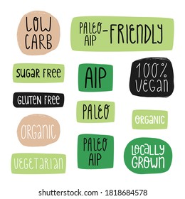 Special diet nutrition and healthy food sticker set. Autoimmune protocol and paleo-friendly, 100 percent vegan, organic, sugar free, low carb and others.