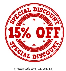 Special discount 15% off grunge rubber stamp on white, vector illustration