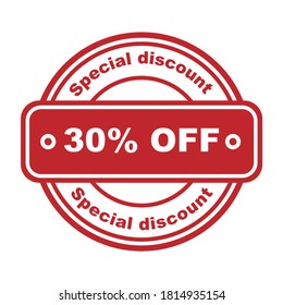 Special discount 30 percent off. Red rubber stamp on white background. For flyer, poster, shopping, for symbol sign, discount, selling, banner, web, header. Sketch sale collection - 30 percent