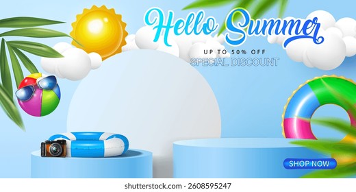 special discount up to 50% off. hello summer holiday business promotion sale banner and product display and presentation podium background vector illustration. summer funny sports objects include.