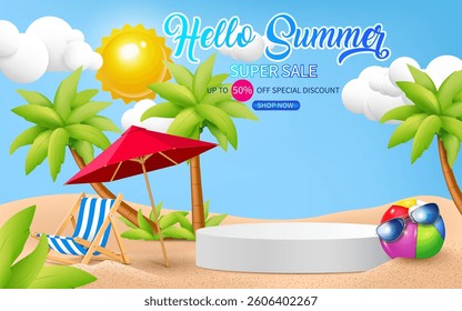 special discount up to 50% off. summer vacation business promotion and product display and presentation background. white cylindrical podium,coconut trees and other summer objects include.