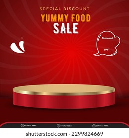 special discount food menu sale square social media post template banner with copy space 3d podium with abstract gradient red background design