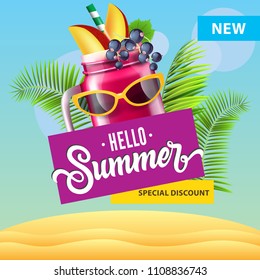 Special discount, hello summer. Seasonal poster design with mug of berry smoothie, sunglasses, tropical leaves and beach. Text can be used for signs, flyers, banners
