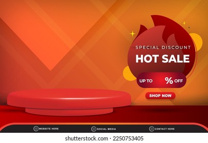 special discount hot sale template banner with blank space 3d podium for product sale with abstract gradient orange and red background design