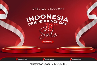 special discount indonesian independence day 78th of august sale banner with 3d podium for sale with abstract gradient red and white background design