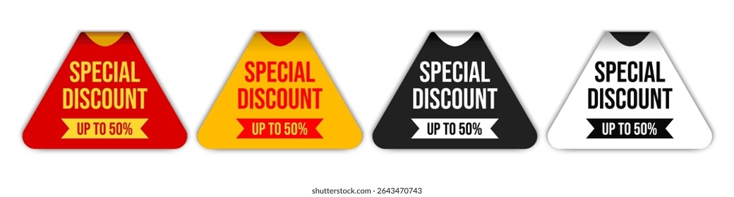 Special discount label triangle 3d, promotional sticker for sale and advertising