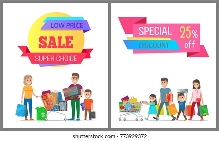 Special discount low price super choice posters, vector illustration of two cute families, wheelbarrows, various purchases, text sample, light field