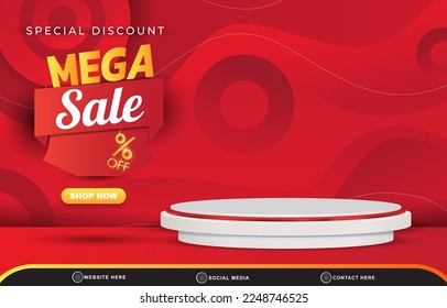 banner de plantilla de descuento de mega venta especial con espacio en blanco 3d podio para la venta del producto con diseño de fondo rojo degradado abstracto