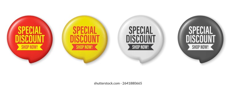 Special discount minimal symbol. 3D Round sticker badge with offer message. Advertising discounts symbol. Promotion set for clearance sale and advertisement. Trendy and modern vector in 3d style.