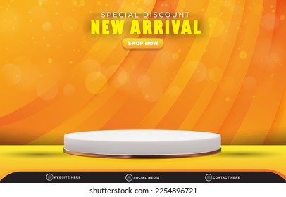 special discount new arrival sale template banner with blank space 3d podium for product sale with abstract gradient orange and yellow background design