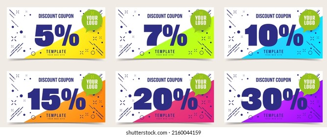 Special discount offer coupon set. Different percent discount gift retail business promotion. Marketing advertising voucher template vector illustration