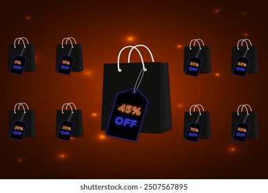 Special discount offer with different value percentages. 5,15,25,35, 45,55,65,75,85. neon style. percentage price reduction label for cheap buy set vector illustration.