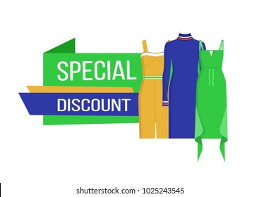 Special discount on clothes, collection of items for women, dresses and headline on ribbon, title vector illustration isolated on white background