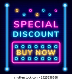 Special discount on products, sale illustration. Neon signboard vector and caption on it. Clearance in stores, lower price on goods. Designed illuminated sign on commerce board, promotion in shops