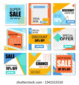 Special Discount Posters for Social Media Promo. One Day Sale, Last Chance Get 50 or 70 Percent Off, Limited Time Coupon for Online Shop Template. Streaming Social Media Posts Vector Illustration