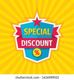 Special discount promotion banner design. Abstract promo sale sticker. Advertising decorative business marketing layout poster. Low price tag. Clearance deal retail. Buy now. Yellow rays background.