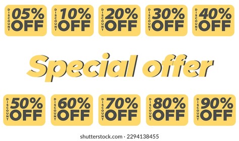 Special discount sale banners and icons sheet, 5%, 10%, 20%, 30%, 40%, 50%, 60%, 70%, 80%, 90% off